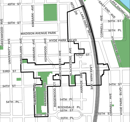 53rd Street TIF district, roughly bounded on the north by 49th Street, 55th Street on the south, Lake Park Avenue on the east, and Woodlawn Avenue on the west.